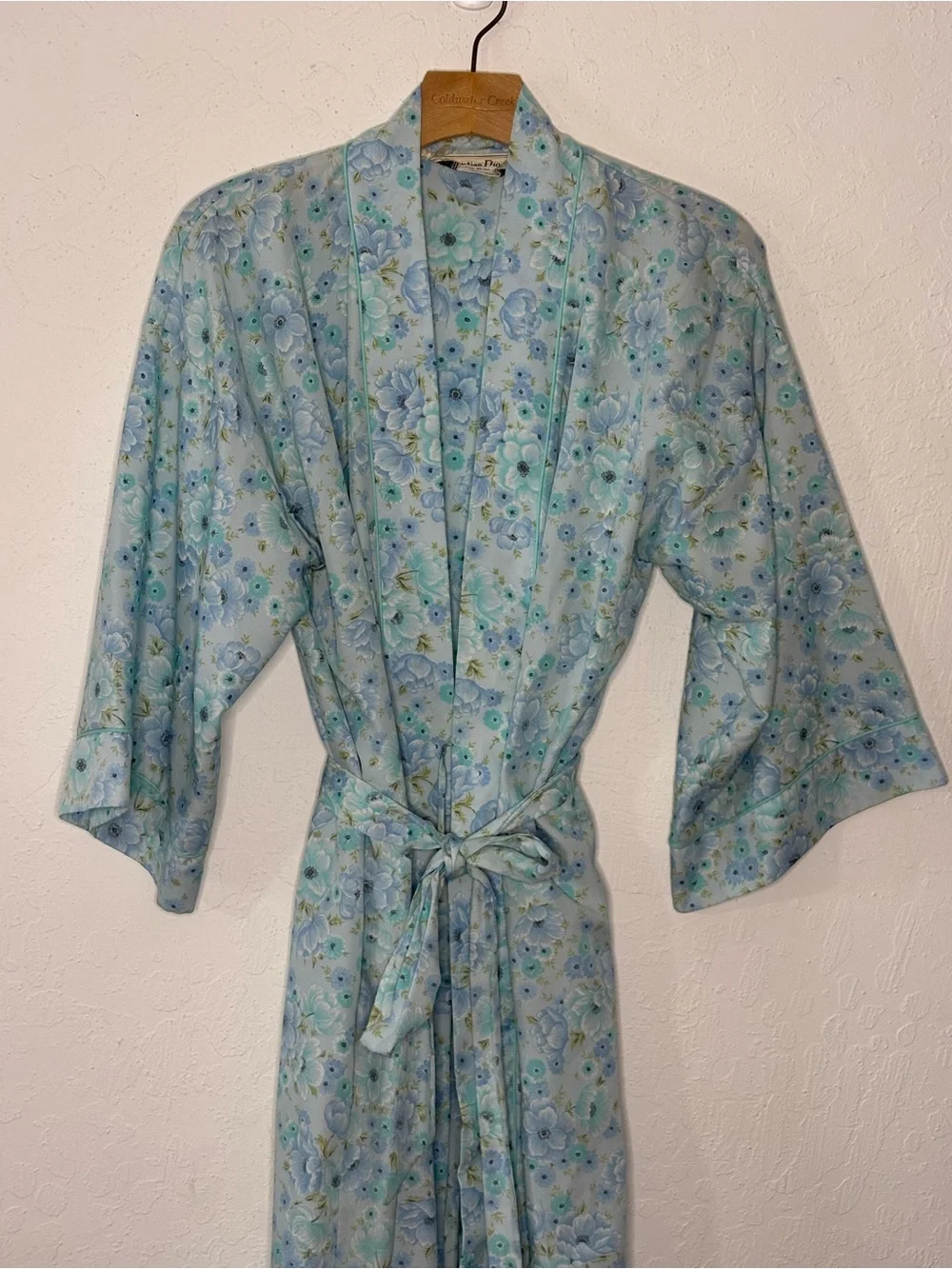 Vintage Christian Dior Lounge Wear Floral Robe Sz L Blue Teal Full Length Pocket